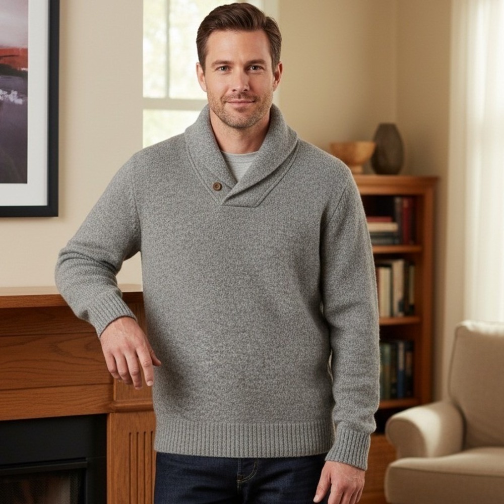 J.Crew Sweater Men's Size L 100% Lambs Wool Rugged Shawl Collar Preppy Pullover
